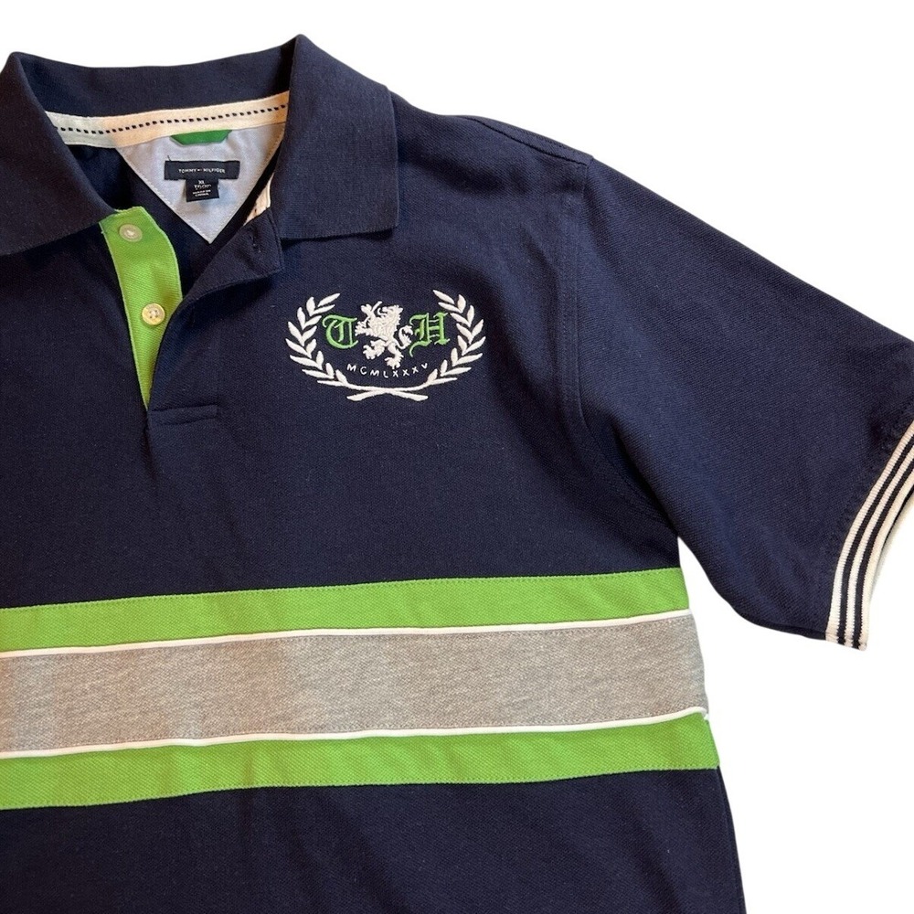 Tommy‎ Hilfiger Boys XL Polo Shirt Navy Blue Lime Green Striped Lion Crest Logo